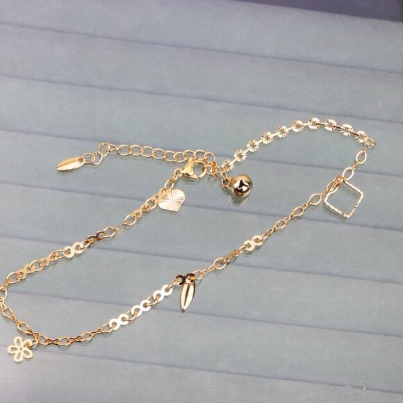 "Rose Gold Charm Anklet with Floral, Leaf & Square Link Accents, XPAL1045 - Picture 1 of 12